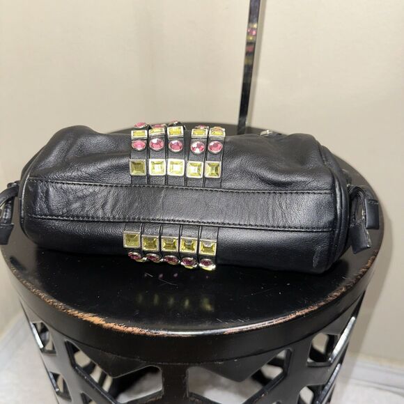 bd Babeed Designer Paris Black Leather Pink Green Rhinestones Hand Bag $395 - Picture 6 of 9